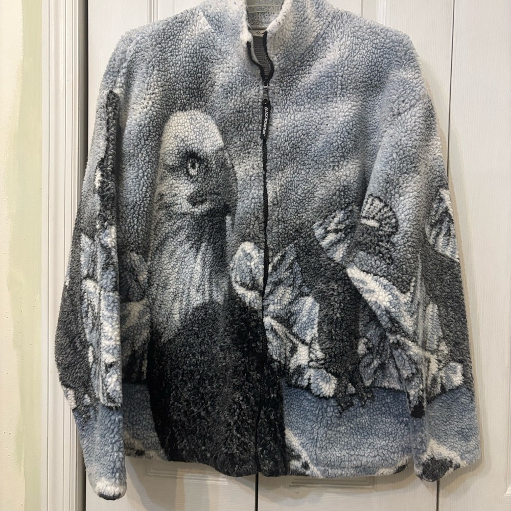 Vintage Black Mountain Outdoor Eagle Print Fleece Jacket-Lg
